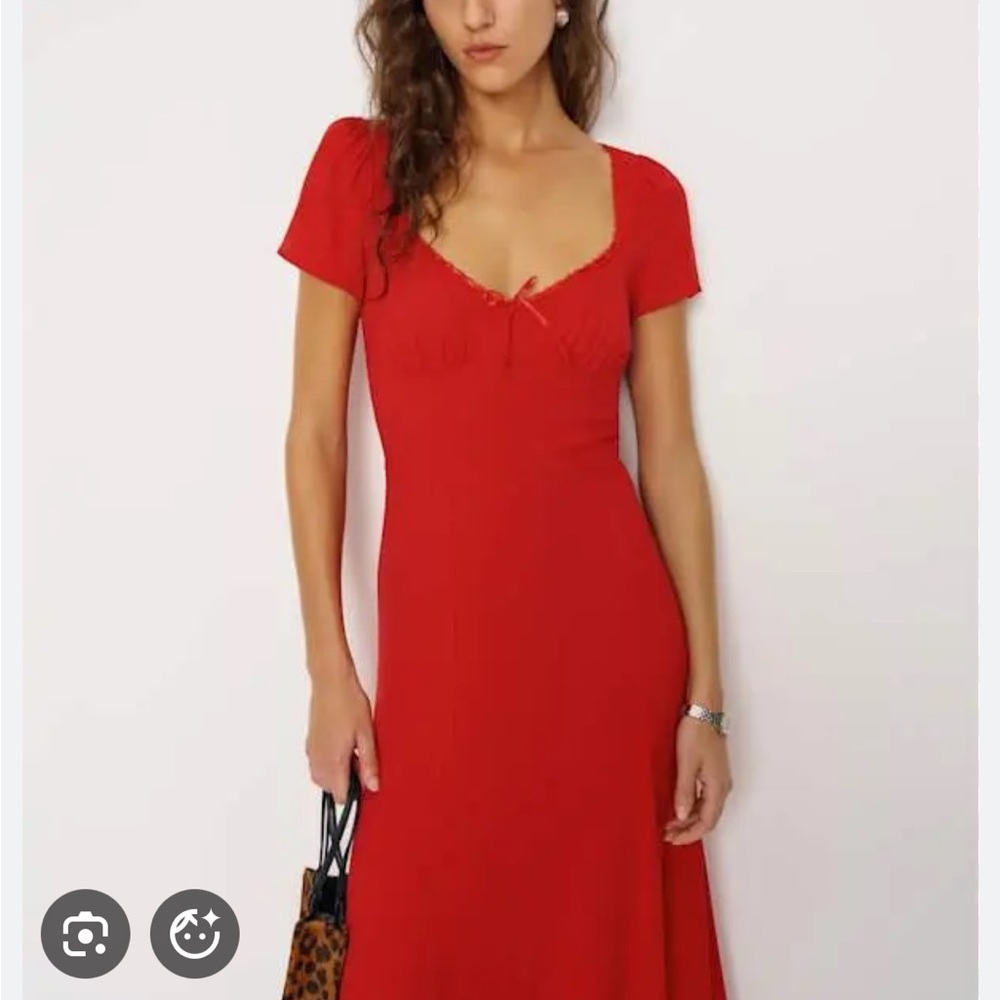 Reformation Red Short Sleeve Square Neck Midi Dress